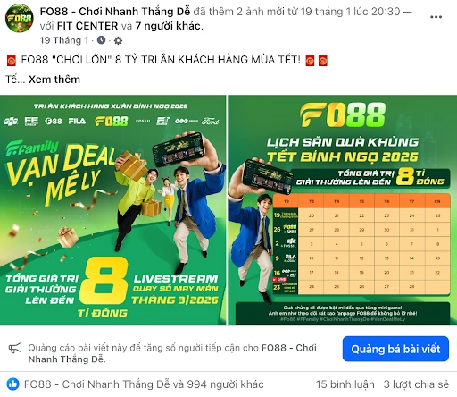 Hình ảnh thông báo hợp tác giữa FO88 và các thương hiệu F được đăng tải trên fanpage chính thức.